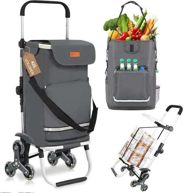 Sekey 3-in-1 Faltbarer Einkaufstrolley Treppensteiger mit Kühlfach und Spanngurt in Grau - Bild 1