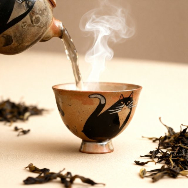 Handgefertigte japanische Vintage-Keramik-Teetasse mit Katzenmotiv für die Teezeremonie - Bild 1
