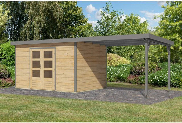 Karibu Gartenhaus Domingo mit Anbaudach aus Holz in Naturbelassen/Grau, B/T/H: 219 x 360 x 240 cm - Bild 1