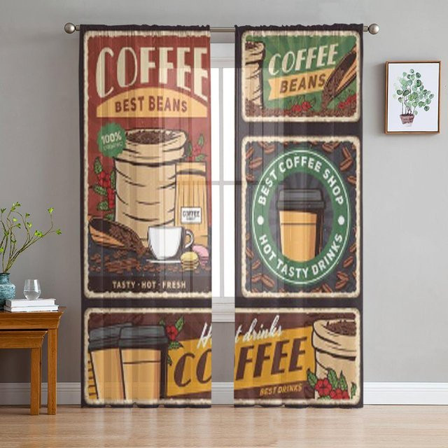 Super Six Voile-Organza-Vorhang mit Café-Motiv in Schwarz und Braun, Breite: 135 cm, Höhe: 114 cm - Bild 1