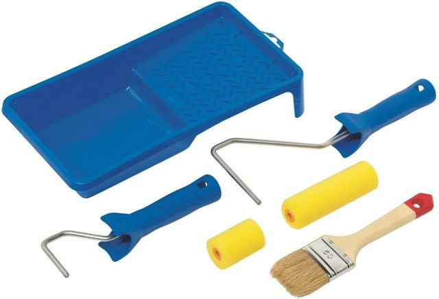 LUX-TOOLS 6-teiliges Lackier-Set mit Farbwanne, Farbroller und Pinsel in Blau und Gelb - Bild 1