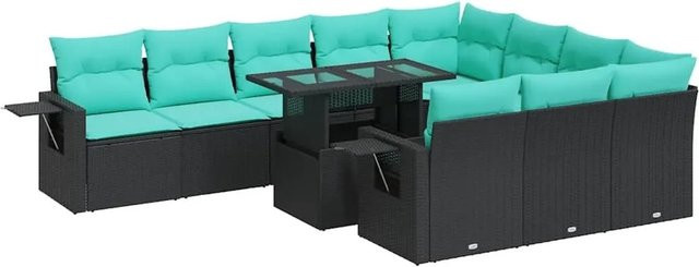 vidaXL 11-tlg. Garten-Sofagarnitur in U-Form aus Poly-Rattan und pulverbeschichtetem Stahl mit Kissen in Schwarz - Bild 1