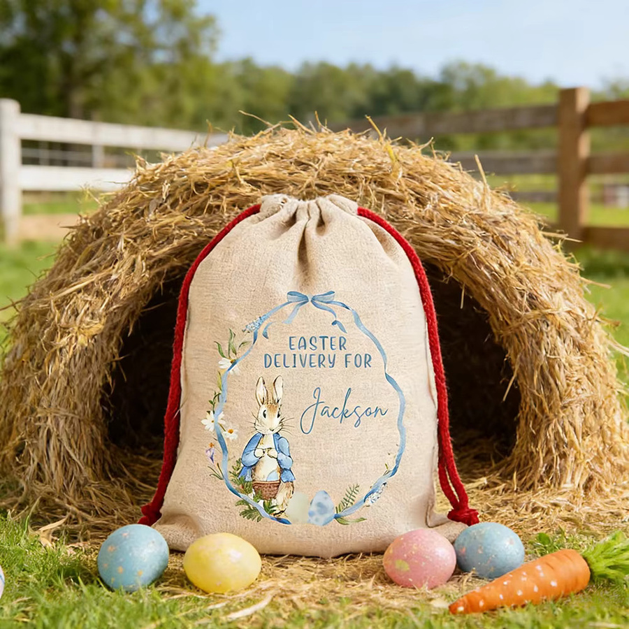 Personalisierte Oster-Geschenktasche mit Namen als Hasen-Sack für die Eiersuche in Blau und Beige für Kinder - Bild 2