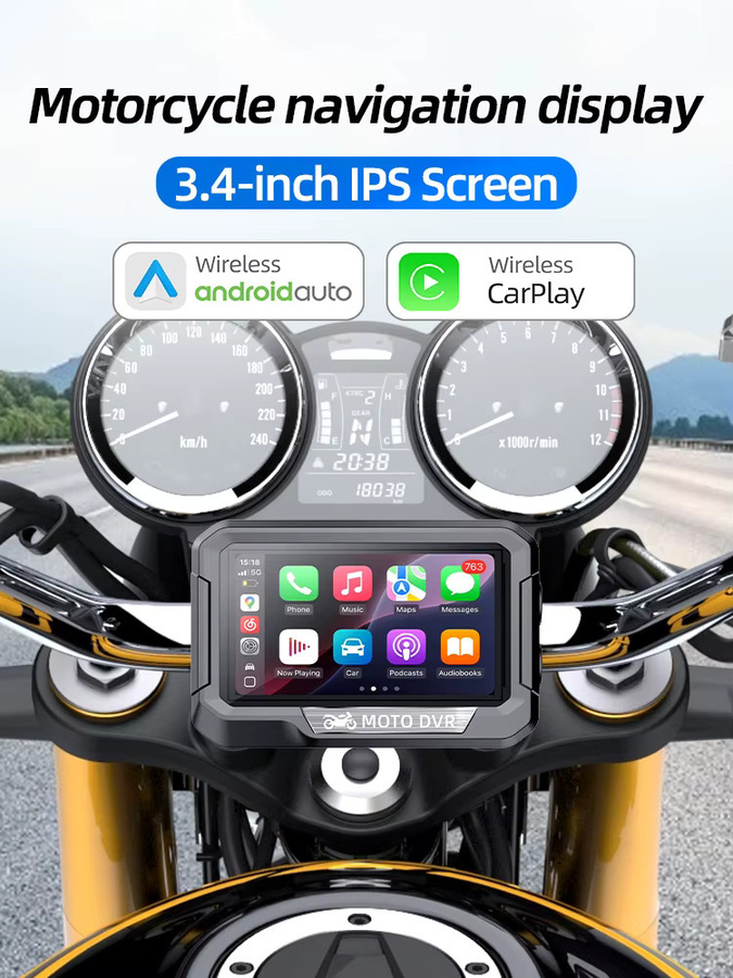 Grandnavi Tragbare 3,4 Zoll Motorrad GPS Navigation mit Wireless CarPlay und Android Auto, DVR Stick Recorder mit WIFI, IP67 Wasserdicht, Schwarz - Bild 7