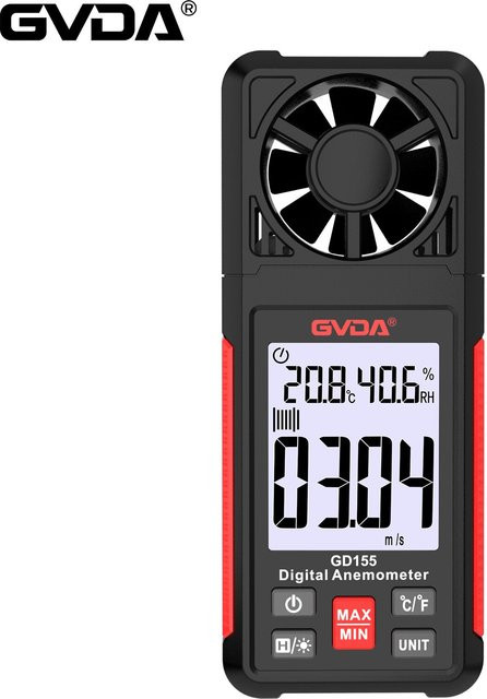 Gvda Digitales Anemometer GD155 in Schwarz zur Messung von Windgeschwindigkeit, Temperatur und Windchill mit LCD-Hintergrundbeleuchtung - Bild 1