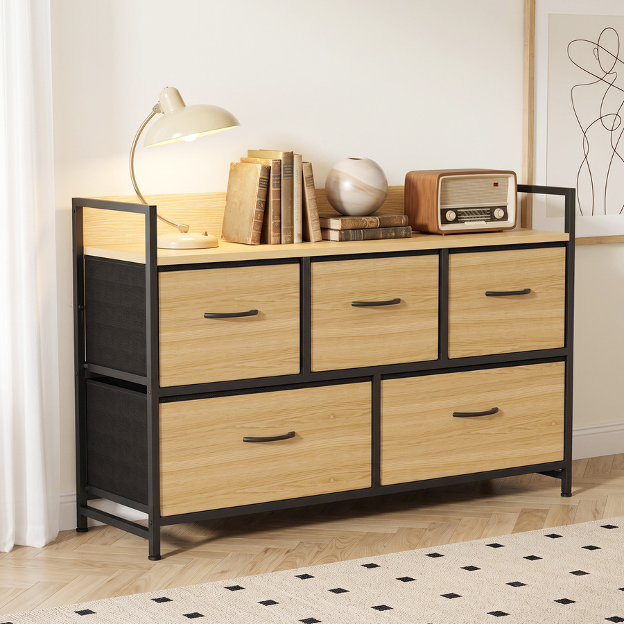 HOMCOM Kommode aus Stoff mit 5 Schubladen und Stahlgestell in Eiche, Aufbewahrungsschrank für Schlafzimmer und Wohnzimmer - Bild 2