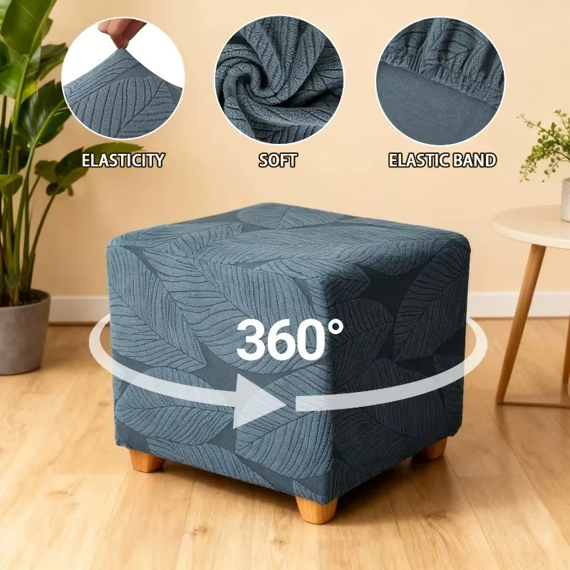WANERQU Jacquard Ottoman-Bezug, elastischer und abnehmbarer Fußhocker-Überzug in Blau, waschbar - Bild 4
