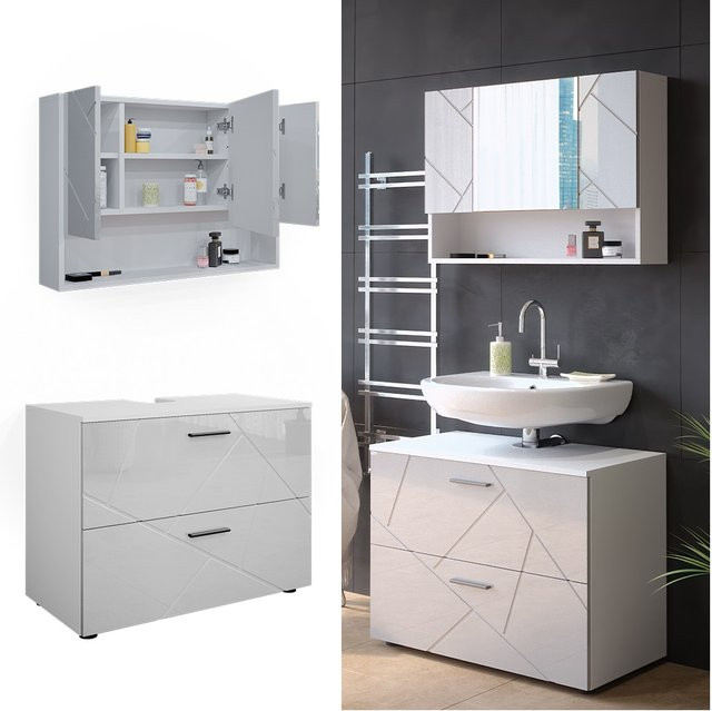 Vicco Badmöbelset Irma in Weiß Hochglanz, bestehend aus Spiegelschrank und Waschtischunterschrank, modern, Breite: 80 cm - Bild 1
