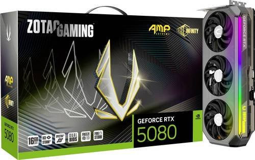 Zotac NVIDIA GeForce RTX 5080 AMP Extreme Infinity Grafikkarte mit 16GB GDDR7-RAM, PCIe x16, HDMI 2.1 und DisplayPort 2.1 in Schwarz/Transparent - Bild 1