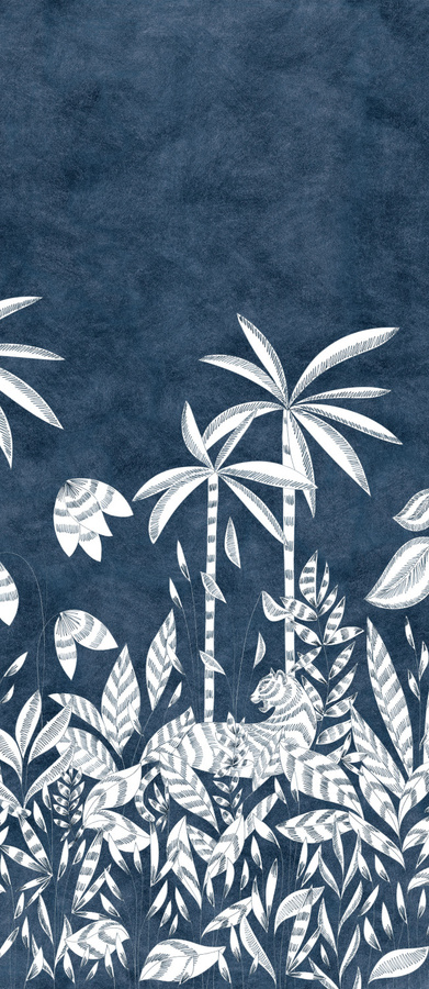 Isidore Leroy Mural Paradis Des Tigres Nocturne Tapete in Blau mit Tiermotiv - Bild 1