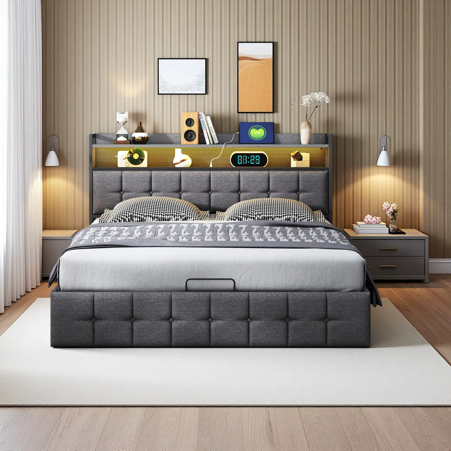Superaly Doppelbett mit Stauraum und Regal-Kopfteil in Grau, B/T: 140 x 190 cm - Bild 6