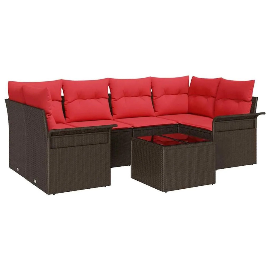 vidaXL Gartensofa-Set aus Poly-Rattan mit 7-teiligem Zubehör in Beige und Rot mit wetterfesten Kissen und pulverbeschichtetem Stahlgestell - Bild 2