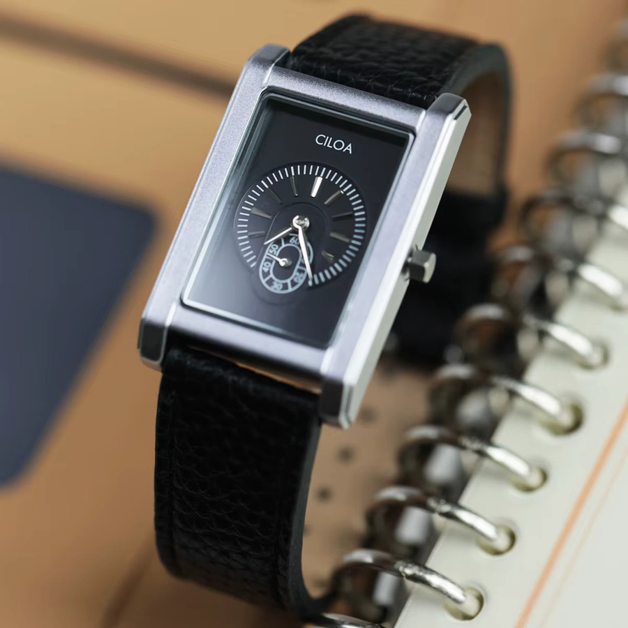 CILOA Armbanduhr, Quarz, Edelstahl, Leder, Schwarz, Eckig, Herren - Bild 5
