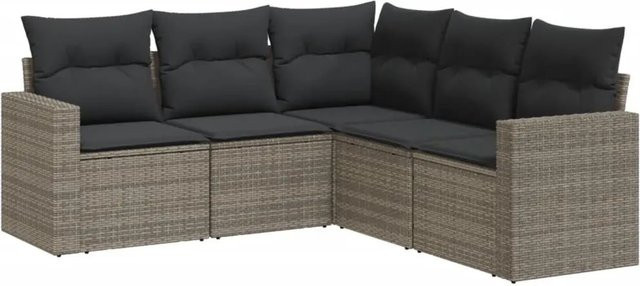 vidaXL 5-tlg. Garten-Sofagarnitur in L-Form aus grauem Poly-Rattan mit Sitzkissen und Stauraum - Bild 1