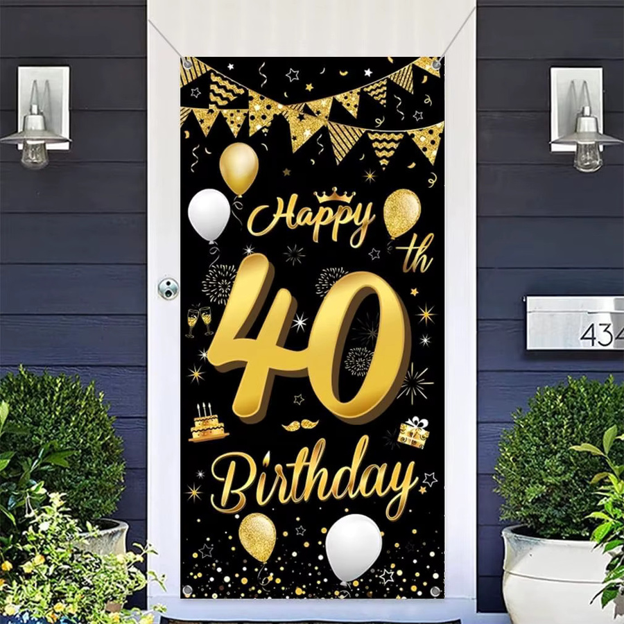 OURFETE Türbanner Happy 40. Geburtstag in Schwarz-Gold mit Ballon-Konfetti-Muster, Fotohintergrund für Geburtstagsfeiern, Breite: 90 cm, Höhe: 180 cm - Bild 2