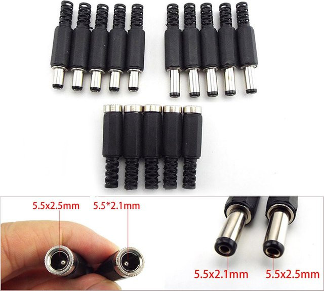 5 Stück DC-Buchsenstecker 5,5mm x 2,1mm und 5,5mm x 2,5mm Reparaturadapter in Schwarz für DIY-Projekte und Kabelverbindungen - Bild 1