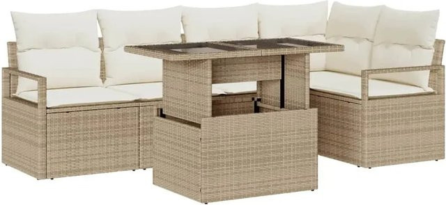 vidaXL Garten-Sofa-Set aus Poly-Rattan in U-Form mit 6-teiligem Zubehör, Couchtisch und integriertem Stauraum für Kissen, Farbe: Beige/Weiß - Bild 1
