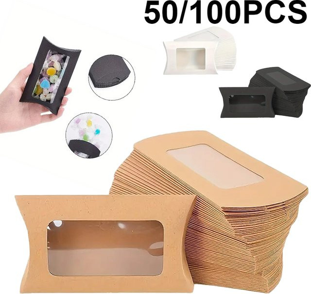 Kraftpapier-Kissenboxen mit transparentem Sichtfenster für Geschenkverpackungen in Weiß, Braun und Schwarz - Bild 1