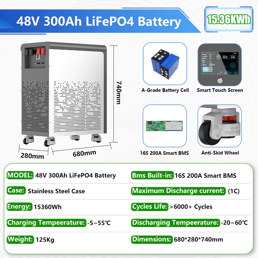 AMZVISION LiFePO4 Batterie 48V 300Ah 15kWh mit Bluetooth, BMS, RS485 und CAN, 51.2V Lithium-Batterie - Bild 2
