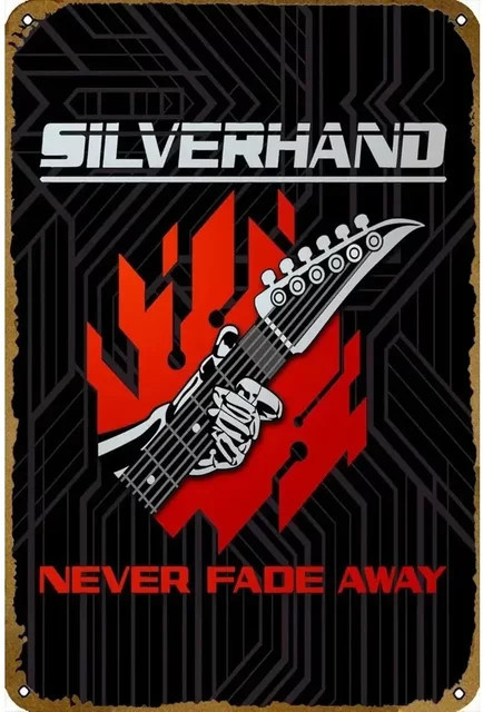 CYBERMETALARTZ Silverhand Never Fade Away Metallblechschild in Silber, Wanddekoration für Gamer, B: 30,0 cm, H: 20,0 cm - Bild 1