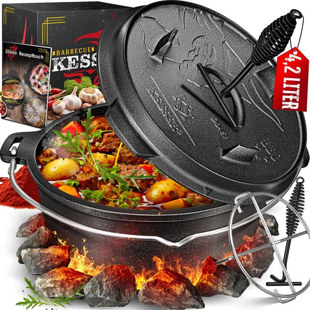 KESSER Dutch Oven Set BBQ Feuertopf aus Gusseisen mit Deckelheber und Schlitz für Thermometer zum Grillen und Schmoren - Bild 1