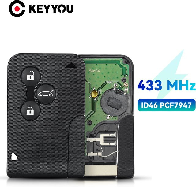 KEYYOU Smart Card Remote Key 433 MHz ID46 PCF7947 Chip in Schwarz für Renault Megane Scenic Grand Scenic - Bild 1