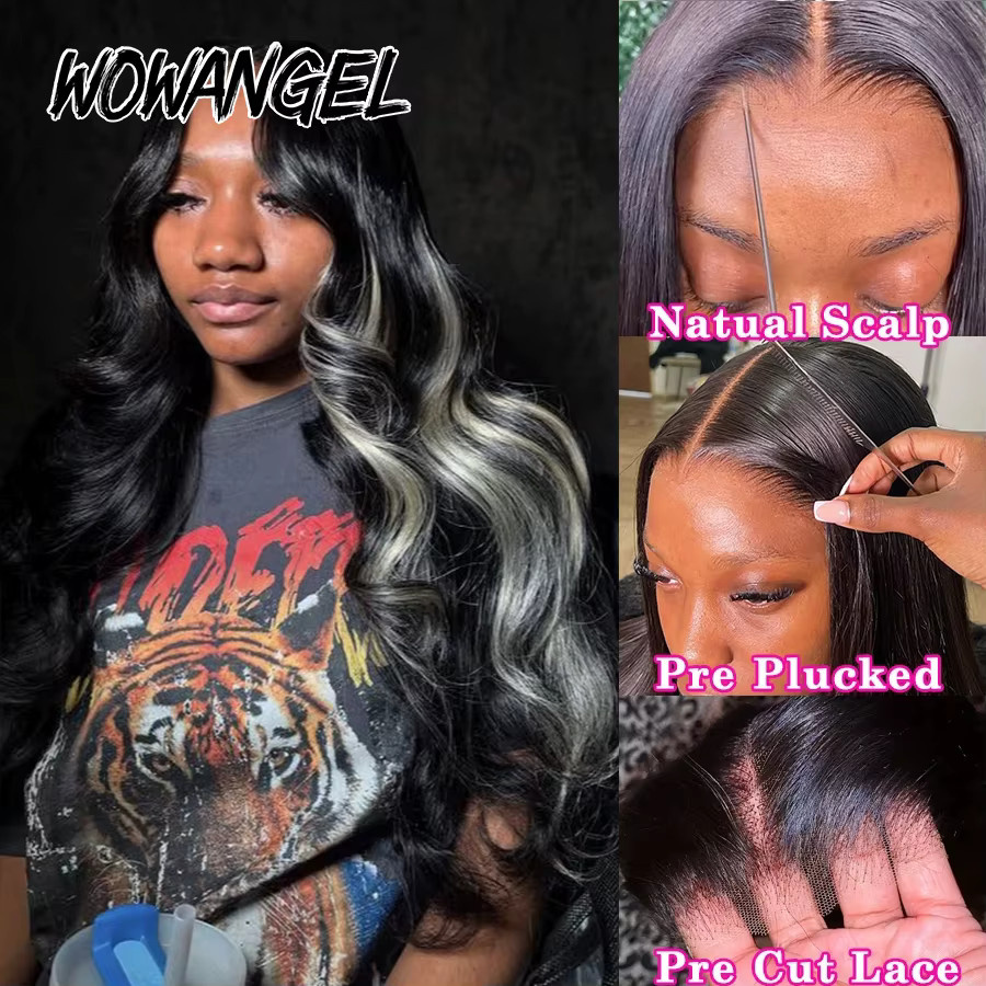 WOWANGEL Black and Blonde Quick Weave Skunk Stripe Perücke, Body Wave, Echthaar - Bild 2