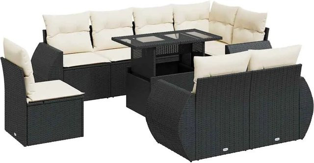 vidaXL 9-teilige Garten-Sofagarnitur in L-Form aus schwarzem Poly-Rattan mit Kissen und pulverbeschichtetem Stahlgestell - Bild 1