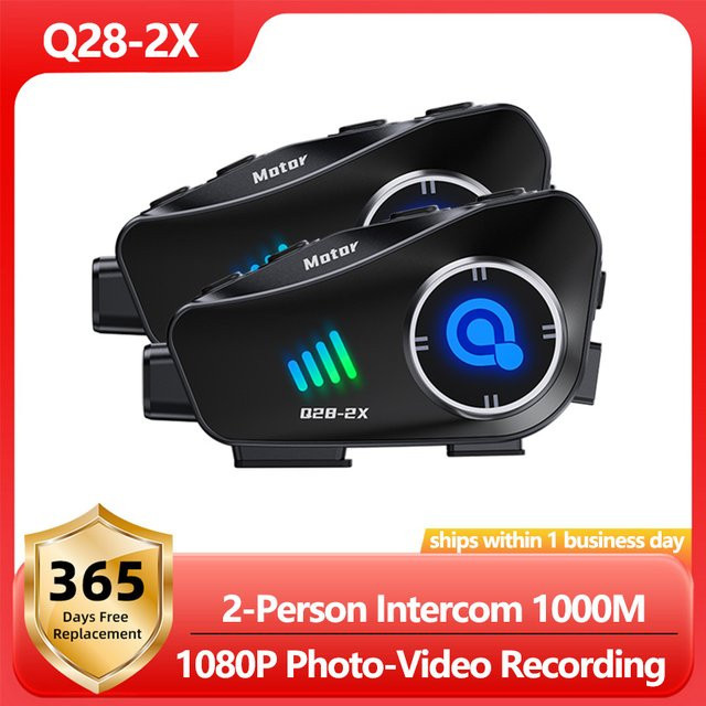 Q28-2X Motorradhelm Bluetooth-Gegensprechanlage mit 1080P HD Ultraweitwinkelobjektiv und WiFi-Videorecorder für 2 Personen in Schwarz - Bild 1