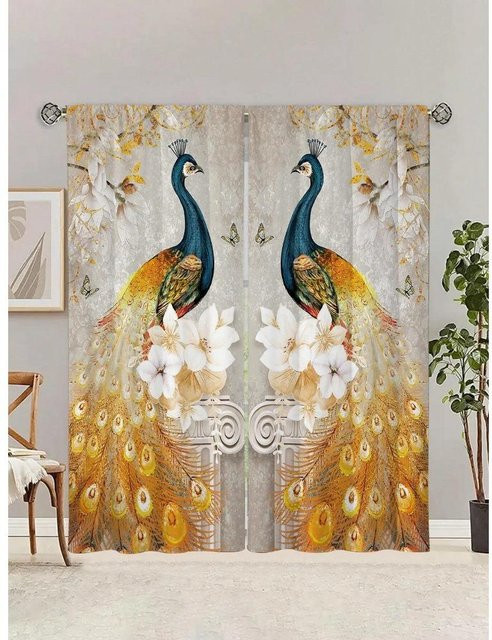2er-Set Dekorative Fenstervorhänge mit Pfauen-Print in Gold und Multicolour, halbtransparent, Material Polyester, Breite: 50 cm, Höhe: 130 cm - Bild 1