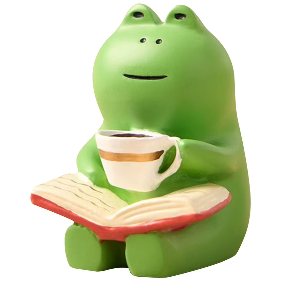 Shunmaii Mini-Frosch-Harzfigur in Grün mit Schaukelstuhl, Buch und Kaffee als Deko-Ornament für dein Zuhause oder Auto - Bild 3