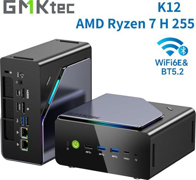 GMKtec K12 Gaming Mini PC Barebone mit AMD Ryzen 7H 255, Radeon 780M, WiFi 6E, Bluetooth 5.2 und USB-C in Schwarz - Bild 1