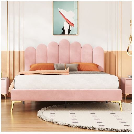 MUVOE Doppelbett aus Samt in Rosa mit verstellbarem Kopfteil, B/T/H: 140 x 200 x 102 cm - Bild 1