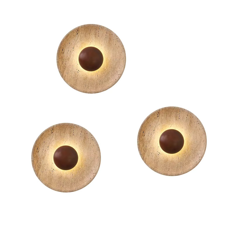 Moderne Wandleuchte aus Naturstein und Holz in Braun und Beige, Up-Down-Licht für Schlafzimmer, Esszimmer oder Flur, Durchmesser: 25 cm - Bild 3