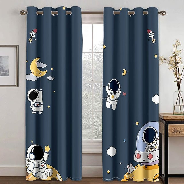 A Family Of Home Textiles Vorhangset mit Universum-Motiv in Blau, Sterne und Planeten, semi-transparent, Breite: 100 cm, Höhe: 160 cm - Bild 1