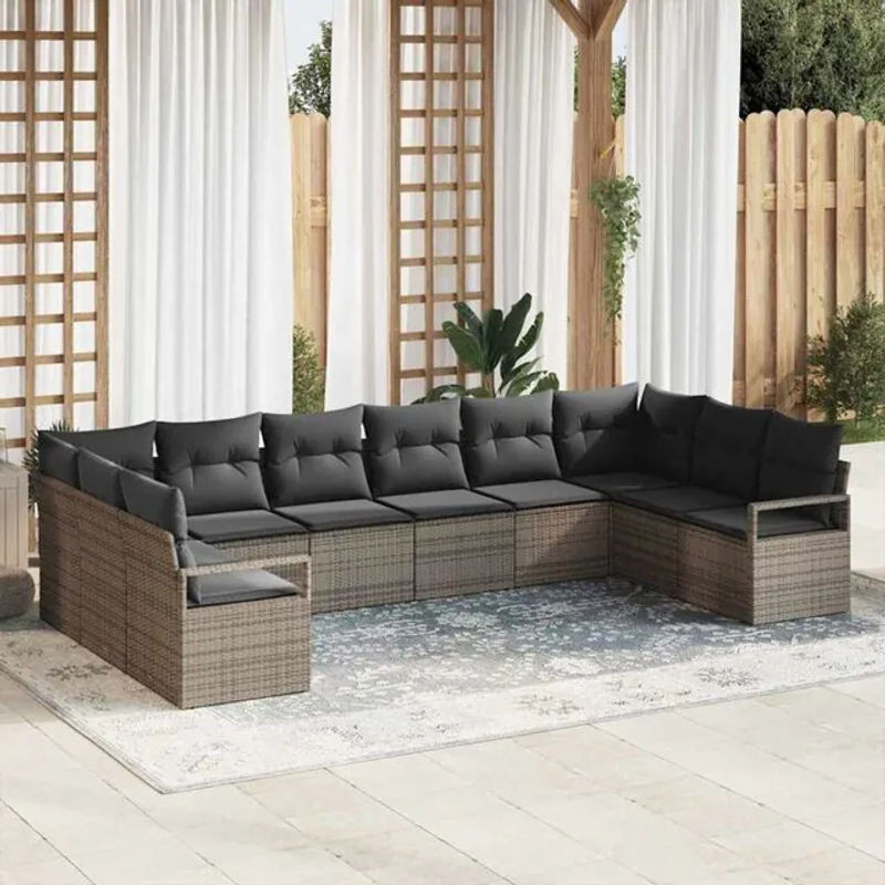 Vidaxl Garten-Sofa-Set aus Rattan und Metall mit Kissen und integriertem Stauraum, 10-teilig, Grau - Bild 1