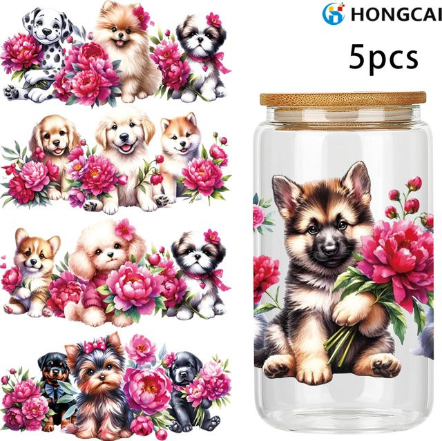 5-teiliges UV-DTF-Set Tassenaufkleber mit floralem Hundedesign in Multicolour für 16-Unzen-Glasbecher und DIY-Projekte - Bild 1