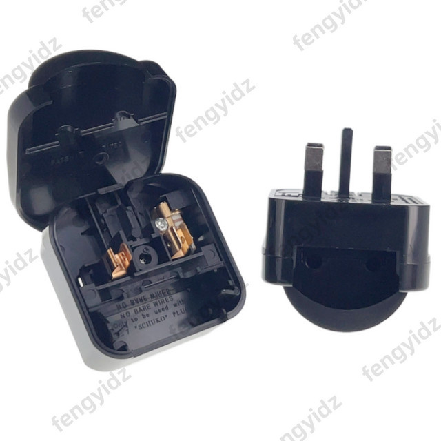 Fengyi EU-zu-UK-Stecker-Adapter Typ Rund, 2-polig auf 3-polig, mit 13 A Schmelzsicherung, Schwarz - Bild 1