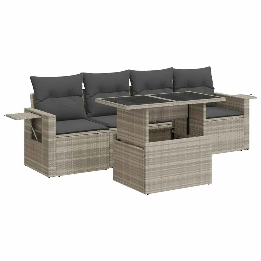vidaXL 5-teilige Garten-Sofagarnitur aus Poly Rattan in Hellgrau mit Kissen und Couchtisch - Bild 2