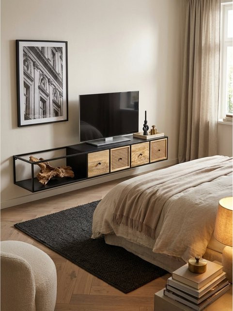 Hängendes Lowboard KADIMA DESIGN aus Mango Massivholz und Metall in Schwarz mit Wiener Geflecht, B/T/H: 150 x 25 x 35 cm - Bild 1