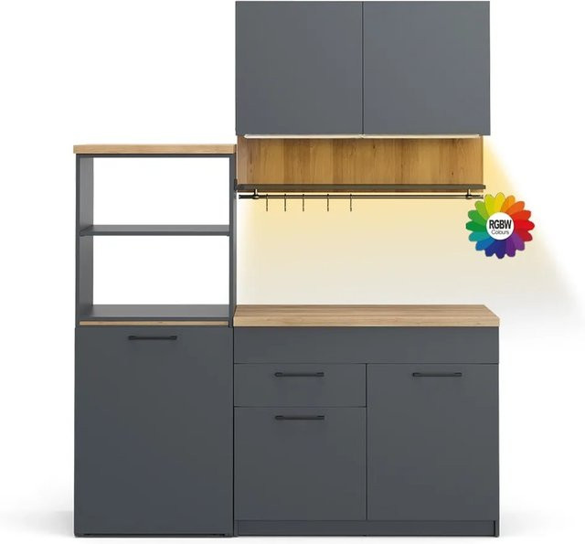 Vicco Egbert Küchenzeile Anthrazit mit ausziehbarem Tisch und LED-Leisten Breite: 160 cm - Bild 1