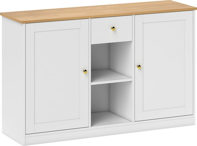 HOMCOM Sideboard Aufbewahrungsschrank in Weiß mit Gold, moderner Beistellschrank mit 2 Türen, 2 offenen Ablagen und Schublade, B/T/H: 120 x 35 x 75,2 cm - Bild 1