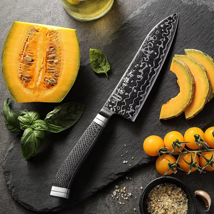 HEZHEN Santoku-Messer mit 7,2 Zoll Damastklinge aus M390 Stahl und Kohlefaser-Griff in Schwarz - Bild 5