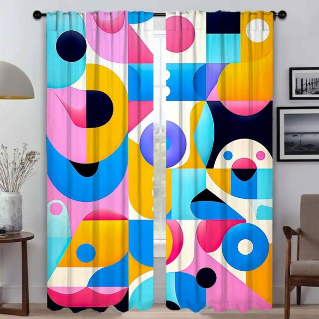 Memphis Geometrie Verdunkelungsvorhänge für das Wohnzimmer und Kinderzimmer, 2er-Set, Mehrfarbig, Breite: 50 cm, Höhe: 70 cm - Bild 1