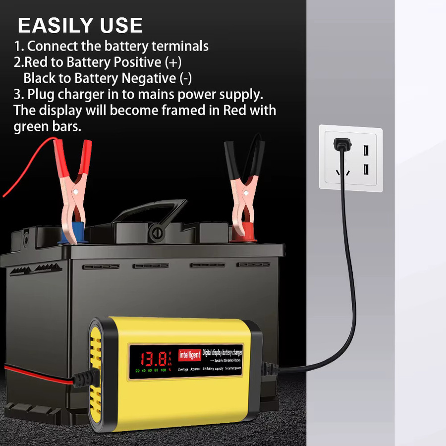 Intelligentes Autobatterie-Ladegerät mit 2 A, vollautomatisches Ladegerät in 3 Stufen für Blei-Säure, AGM und GEL Batterien, Gelb - Bild 4
