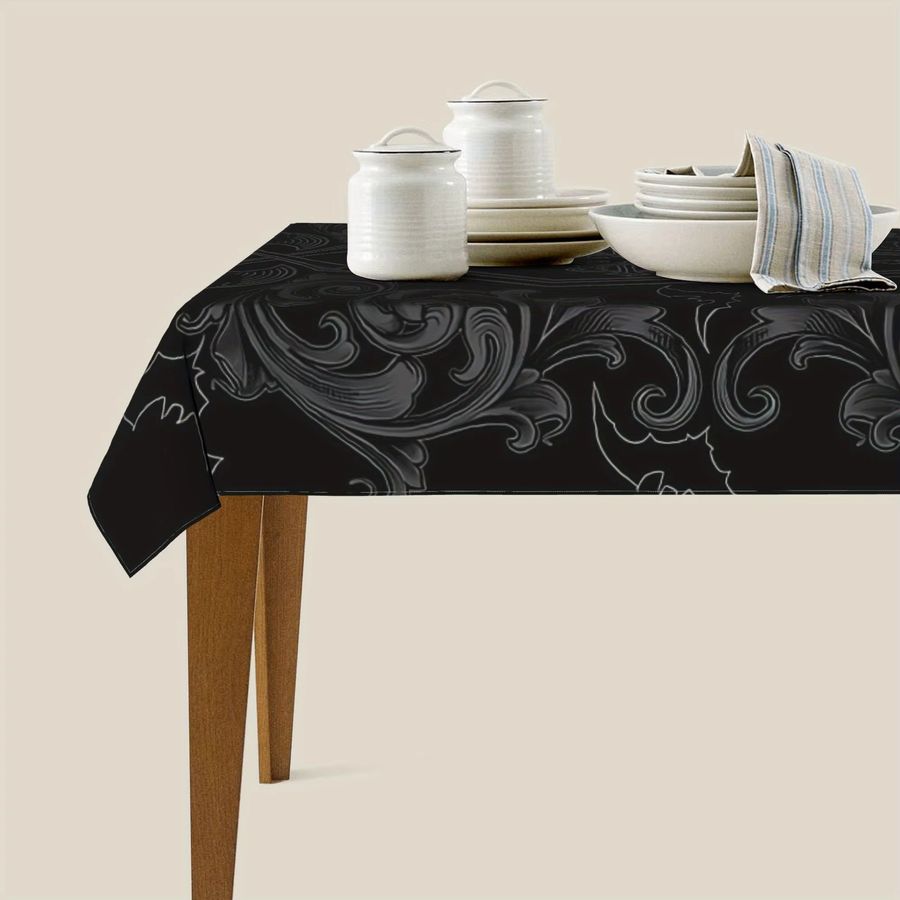 VIKAMA Gothic-Tischdecke aus schwarzem Damast mit Vintage-Blumenmuster, wasserabweisend - Bild 4