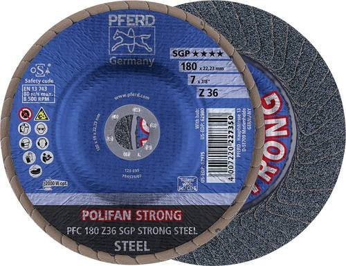 PFERD Polifan Strong Fächerschleifscheibe SGP Steel für Stahl, Blau, Durchmesser: 180 mm, Bohrung: 22,23 mm, Körnung: 36, 10 Stück - Bild 1