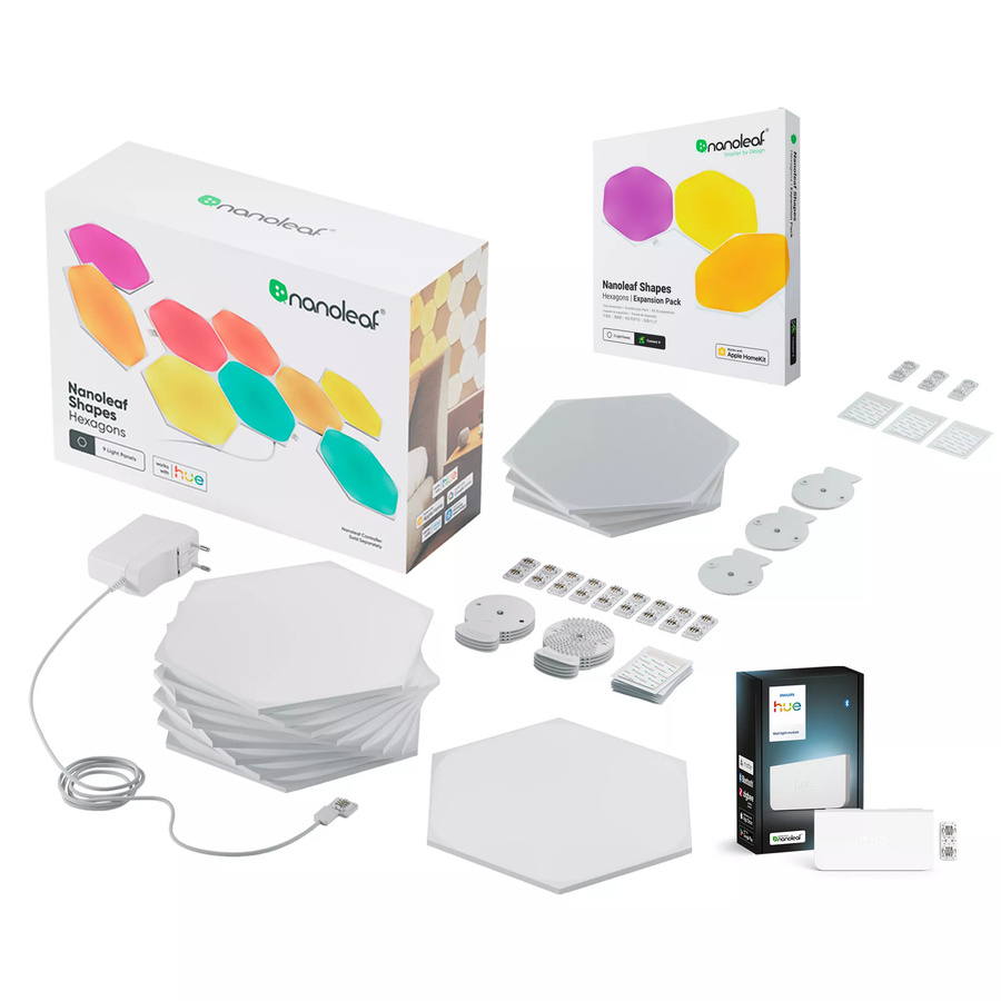 Philips Hue Hexagon Starter-Set mit 12 Panels und Wandleuchtenmodul in Weiß - Bild 1