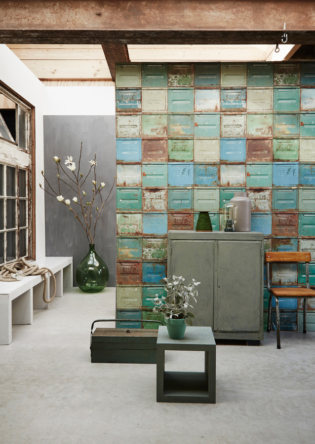 studio ditte Mural Wallpaper Container Mixed in Blau und Multicolour, geometrisches Design, matt, Breite: 300 cm, Höhe: 291 cm - Bild 1