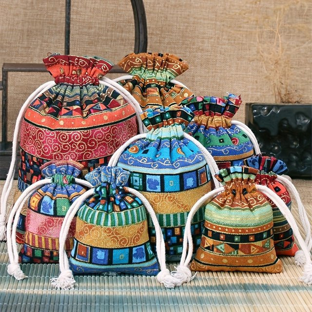 6er Set ethnische Schmuckbeutel aus Baumwoll-Leinen und Hanf in Gelb und Multicolour zur Aufbewahrung von Perlen und Accessoires - Bild 1